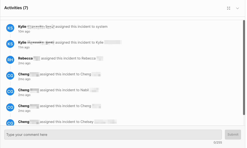 A screenshot of the Activity tab for an incident. It shows a timeline of actions that have taken place on the incident. Such as the action being revoked, the incident being resolves, and the incident being assigned to another user.