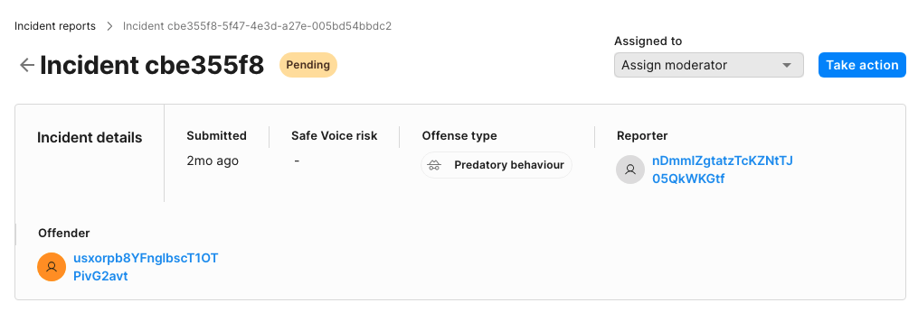 A screenshot of incident details. It shows the date and time of the submission, the offense type, who reported teh incident and who the offender in the incident was.