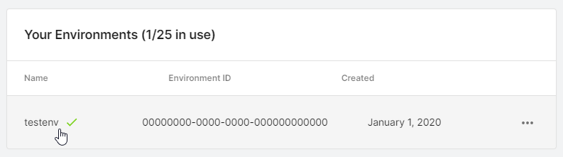 Unity 云控制台中的您的环境列表。