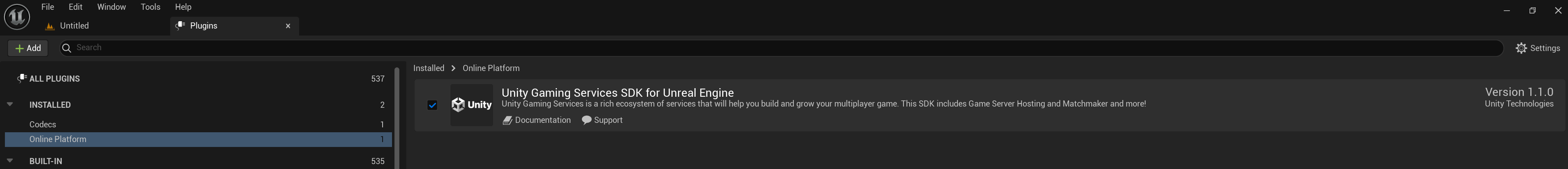 适用于虚幻引擎的 Unity 游戏服务 SDK 插件窗口